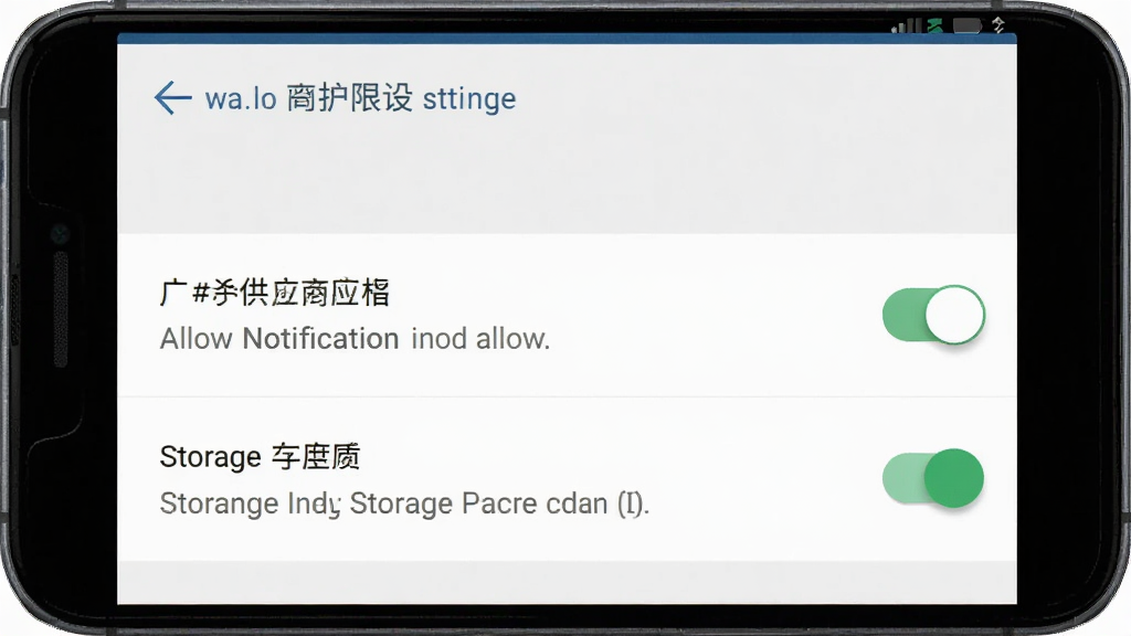 广交会供应商应用在手机上的安装权限设置界面截图,展示允许通知和存储权限的开关按钮,界面风格为安卓原生设置页面,配色简洁,文字清晰,画质干净,无多余元素