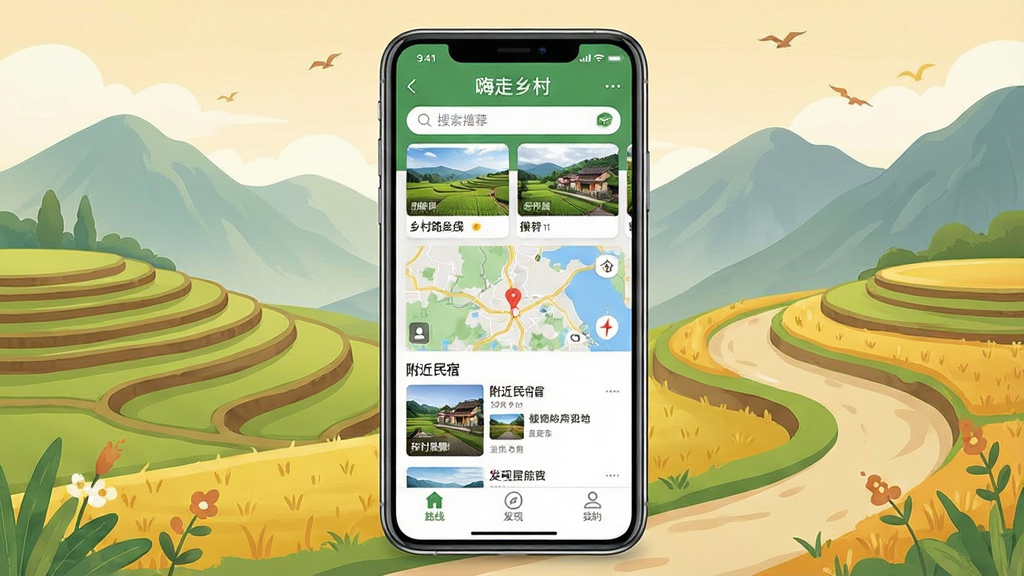 һ��չʾ��������塱App���Ĺ��ܵ��ֻ����泡��ͼ������������һ�������ֻ�����Ļ��ʾ�š�������塱����ҳ���Ϸ������������Ƽ������·�߿�Ƭ���м��ǵ�ͼԤ���͸��������б����ײ���·�ߡ����֡��ҵ�����������ǩ�������Ǵ�����԰���Ĳ廭�������С·��Զɽ�����������ů��ϸ�ڷḻ�����ʸɾ��������޶���Ԫ��