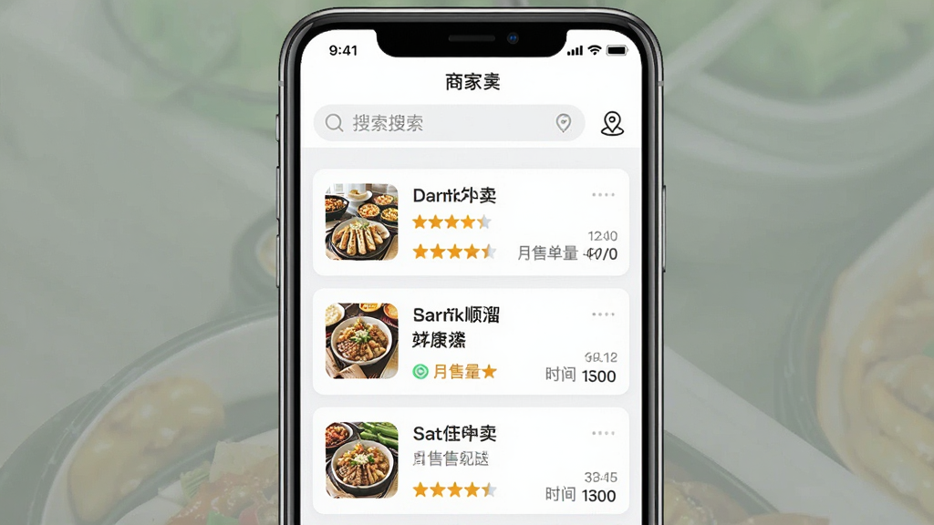 一张手机界面截图,展示“顺溜外卖”APP的商家列表页,顶部是搜索框和定位图标,中间是清晰的商家卡片列表,包含店铺头像、评分、月售单量和配送时间,布局整洁,风格为浅色系现代UI设计,画质干净,文字清晰无多余元素