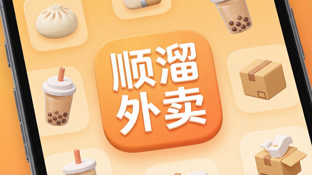 一张手机屏幕特写,屏幕中央是“顺溜外卖”四个大字的APP图标,图标设计简洁,背景是暖橙色渐变,周围环绕着包子、奶茶、快递盒等小图标,布局居中排版,风格为现代扁平化3D微质感,细节圆润,画质高清干净,无多余元素