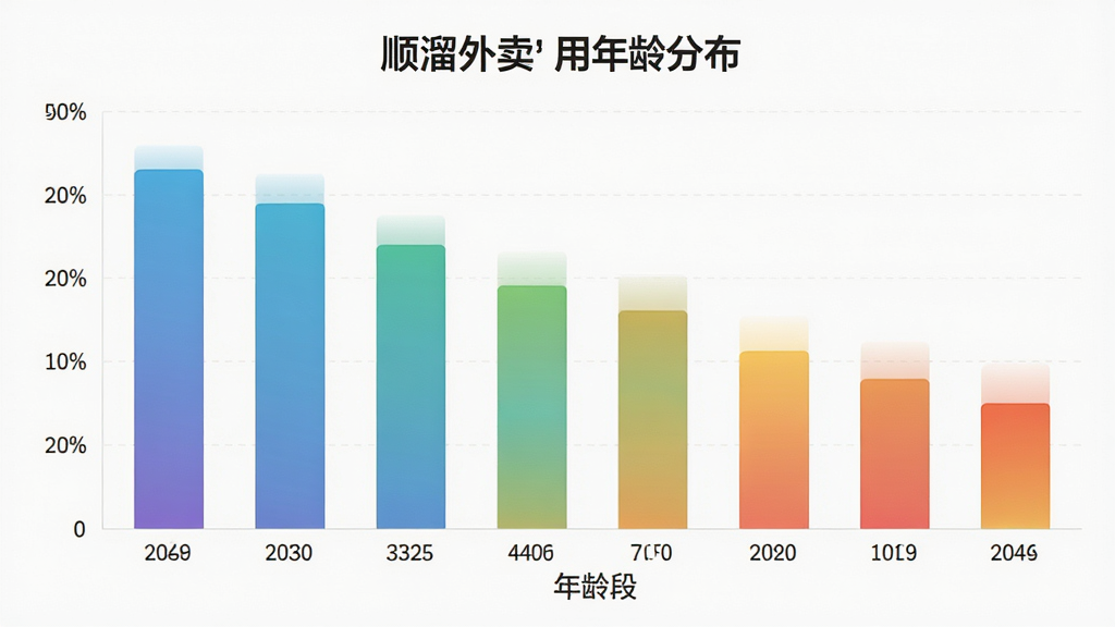 一张数据可视化图表,柱状图形式展示“顺溜外卖”用户年龄分布,横轴为年龄段,纵轴为百分比,柱子颜色为渐变色,背景干净,风格现代简洁,画质清晰无多余元素