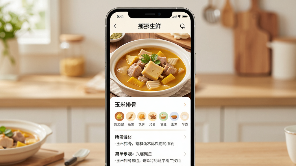 һ��չʾ�ֻ�APP���ܲ˵����ܵ�ͼƬ���ֻ���Ļ��ʾ��ŲŲ���ʡ��Ĳ����Ƽ����棬��Ļ�м���һ�������Ź����ĳ�Ʒͼ���·��г�����ʳ�ĺͼ򵥲��裬���������ܰ���мҵĸо�������ִ������ʸ��壬�޶���Ԫ��