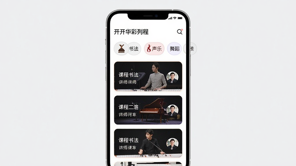 ��������App�γ��б�ҳ�棬�ֻ���Ļ��չʾ�滭���鷨�����֡��赸�ȷ����ǩ�������У��·��ǿγ�����ͼ��Ƭ�������У�ÿ�ſ�Ƭ���пγ����ƺͽ�ʦͷ�񣬲��������������ˬ�ִ���ϸ�ھ��£����ʸɾ�������Ԫ��