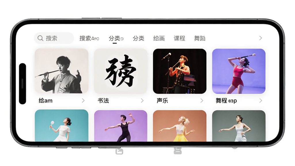 ��������App������ȫòչʾ������Ϊ�ֻ���Ļ�������Ϸ����������ͷ����ǩ���м��ǻ滭���鷨�����֡��赸�ȿγ̿�Ƭ�����·��ǵײ����������Ű���������������ִ���Լ��ƽ����ϸ��Բ�󣬻��ʸɾ��������޶���Ԫ��