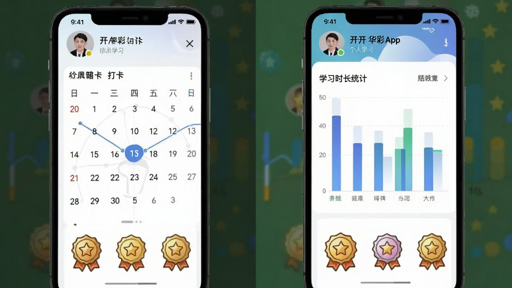 ��������App����ѧϰ��¼ҳ�棬�ֻ���Ļ��չʾ��������ͼ��ѧϰʱ��ͳ����״ͼ���������û�ͷ����ǳƣ��ײ��гɾͻ���չʾ�����ֹ�����������ݿ��ӻ����磬ϸ�����������ʸɾ��޶���Ԫ��