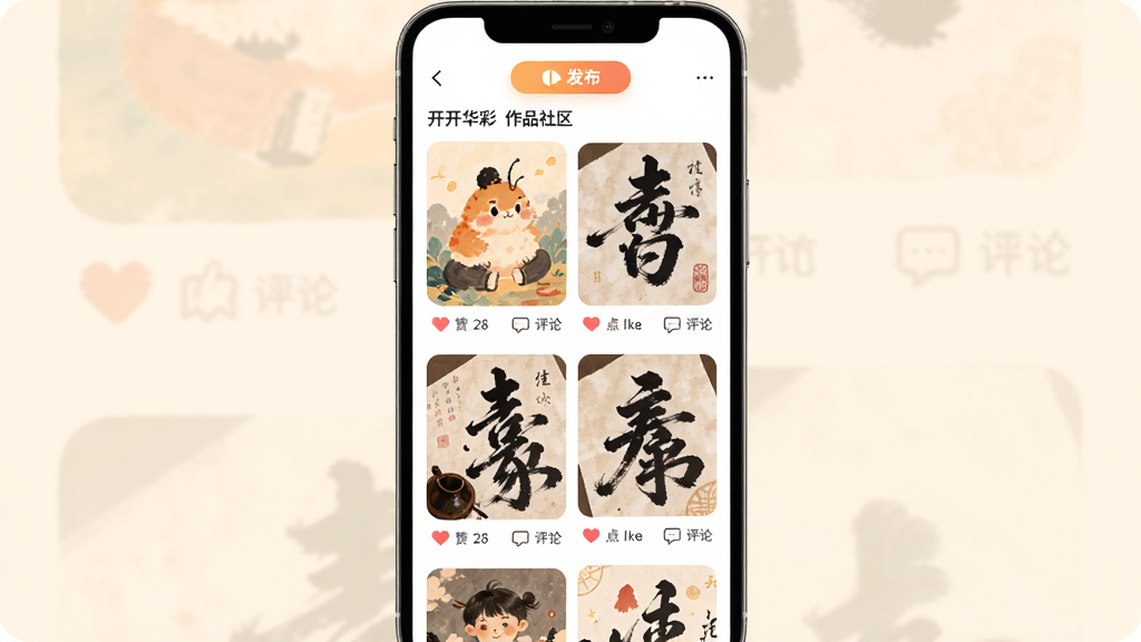 ��������App��Ʒ����ҳ�棬�ֻ���Ļ��չʾ�û��ϴ��Ļ滭���鷨��Ʒ����ͼ�ٲ�����ÿ��ͼ�·��е��޺�����ͼ�꣬�����з�����ť�����ֻ������򣬷����ů�罻�У�ϸ����ͣ����ʸɾ��޶���Ԫ��