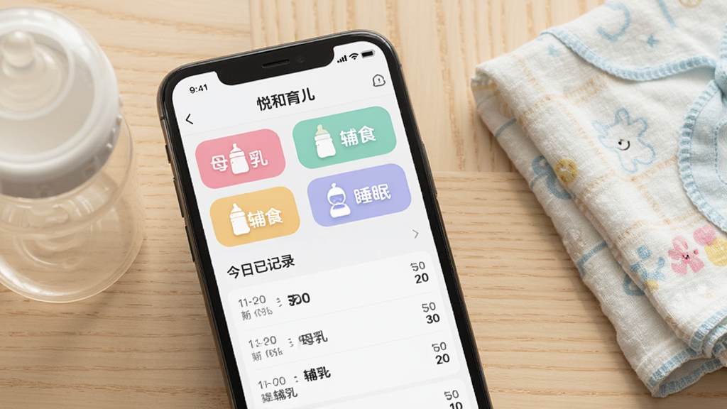 ��ͼ��ʾ�ʣ�һ���ֻ���Ļ��д����ʾ���ú�������APP��ι����¼ҳ�棬��������ĸ�顢��ƿ����ʳ��˯���ĸ���ť���·��ǽ����Ѽ�¼����Ŀ�б���ÿһ������ʱ����;�����ֵ��������ǳɫľ�����棬�Ա߷���һ����ƿ��һ���۵��õ�Ӥ��ɴ��������������������ͣ�����������������Ԫ��