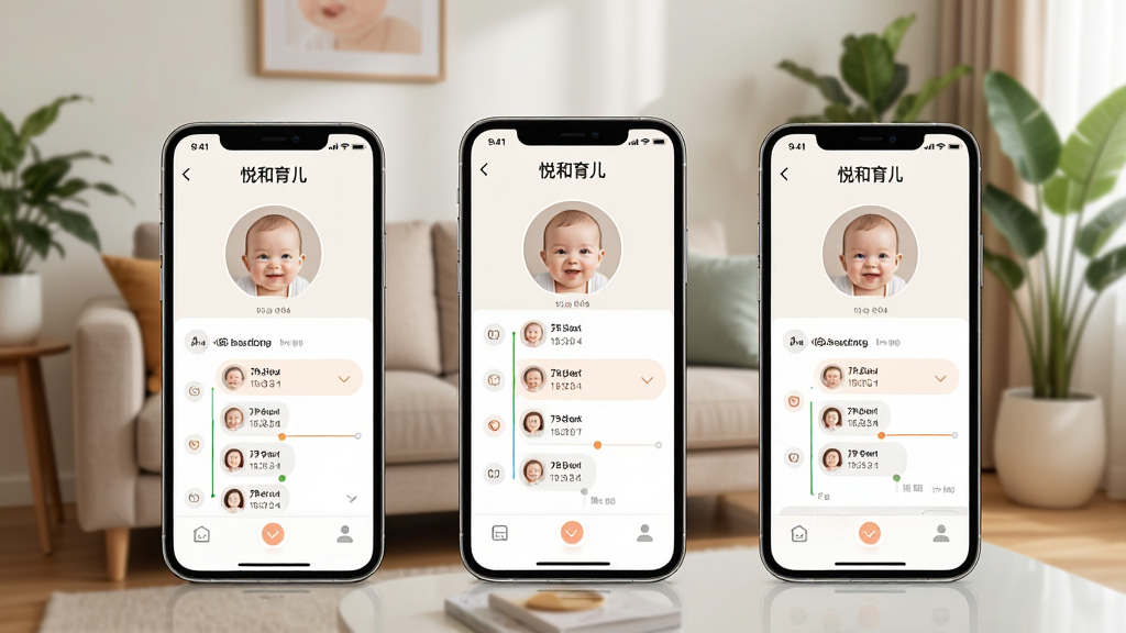 ��ͼ��ʾ�ʣ�һ��չʾ���ú�������APP��ͥ�������ܵ���ͼ���������������ֻ�������ʾ���ֱ�������衢�ְֺ����̵��ӽǣ���Ļ����ʾͬһ��������ͷ���ͬ����ι����¼ʱ���ߣ���������ܰ�ļ�ͥ��������ɳ������ֲ������ִ���࣬ɫ����ů�����ʸ��壬���ﲻ���֣�ֻչʾ�ֻ��ͽ���