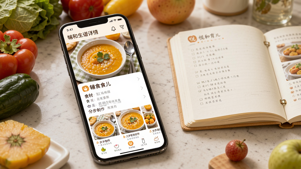 ��ͼ��ʾ�ʣ��ֻ���Ļչʾ���ú�������APP�ĸ�ʳʳ������ҳ��ҳ�涥����һ���Ϲ��׺��ĳ�Ʒͼ���·���ʳ���嵥�ͷֲ�����ͼ�ģ�������ɫ��ů���ֻ�������һ�Ű��������߲˺�ˮ���ĳ���̨���ϣ��Ա���һ���򿪵�ʳ�ױʼǱ������������Ȼ������ϸ�壬�޶���װ��