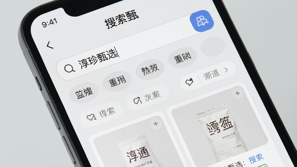 一张手机屏幕特写图,画面中“淳珍甄选”App的搜索页面,搜索框内显示关键词,下方出现多个分类标签和筛选按钮,搜索结果以卡片列表呈现,背景为浅灰色,风格干净利落,画质清晰