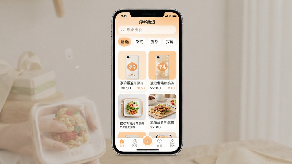 一张手机应用界面展示图,画面中央是“淳珍甄选”App的首页,顶部有搜索栏和分类标签,中间是精选商品和资讯卡片式布局,底部导航栏清晰,整体色调以暖白和浅橙为主,风格简洁现代,细节圆润,画质干净无多余元素