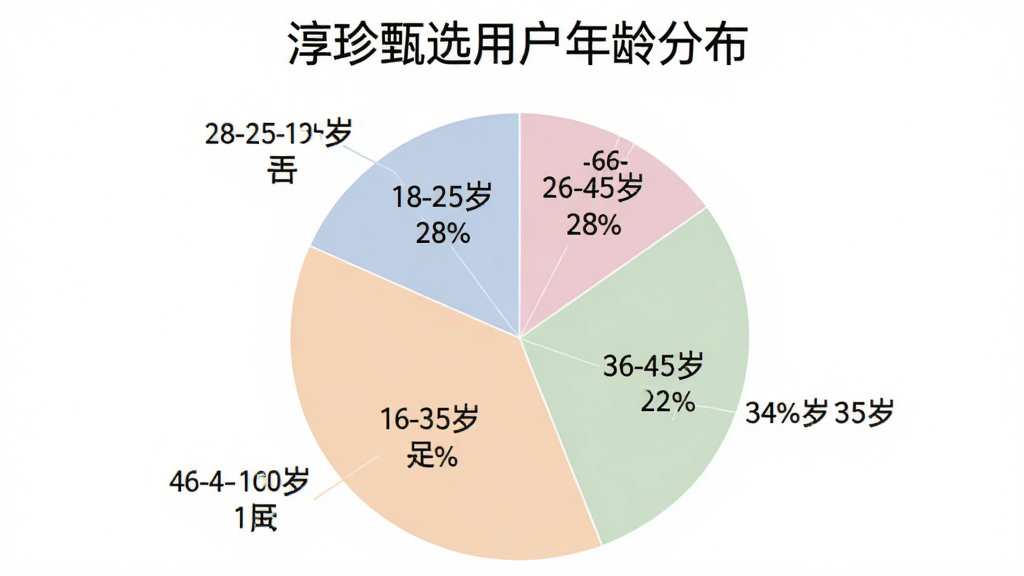 一张饼状图,标题为“淳珍甄选用户年龄分布”,显示四个扇形区域分别标注18-25岁28%、26-35岁34%、36-45岁22%、46-60岁16%,配色柔和,图表清晰,背景白色,画质干净无多余元素