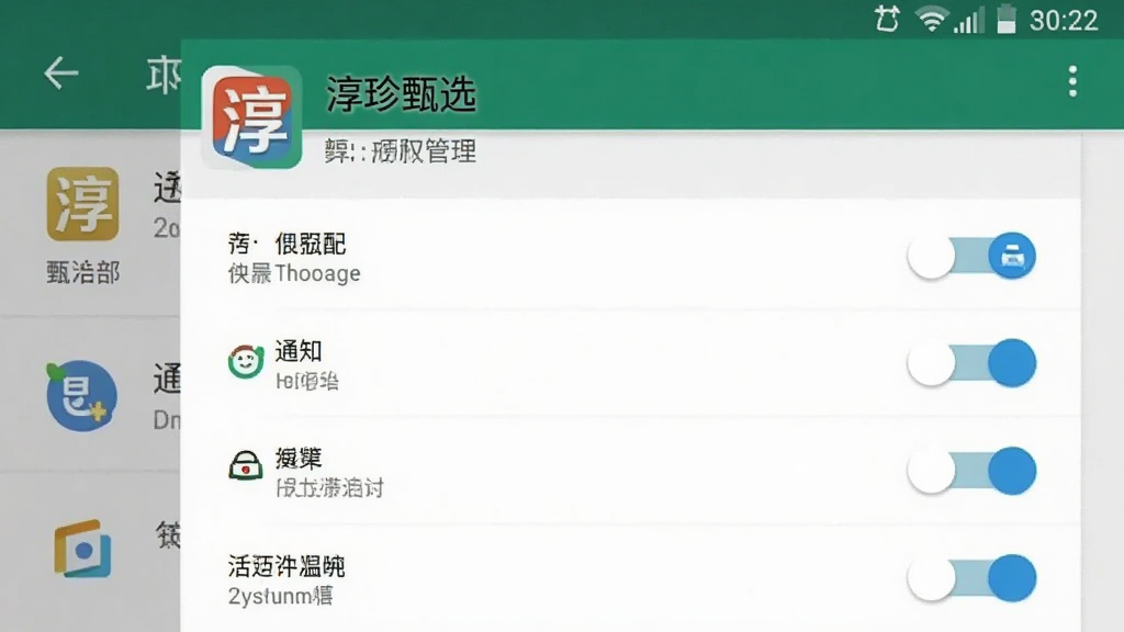 一张安卓手机设置界面的示意图,画面中显示“淳珍甄选”的应用权限管理页面,包含存储、通知等权限开关,背景为系统设置风格,图标清晰,文字可辨识,整体画质干净无多余元素