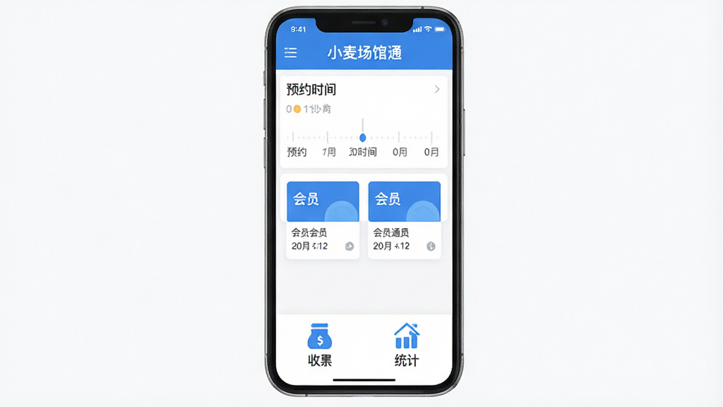 һ��չʾ�ֻ�Ӧ���������ͼƬ�����������Ǹɾ��ĳ��ݹ�����壬������ʾ��С�󳡹�ͨ��Ӧ�����ƣ��м���ԤԼʱ����ͻ�Ա��Ƭ���ײ���������ͳ��ͼ�꣬�����������죬������ɫ����ƽ����ƣ������������޶���Ԫ��