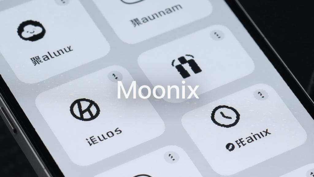 Moonix功能聚合面板特写,手机屏幕显示多个圆角矩形功能卡片整齐排列,卡片上有简洁的图标和文字标签,背景为浅色磨砂质感,画面中央有Moonix字样水印,风格干净现代,画质细腻,无杂乱元素
