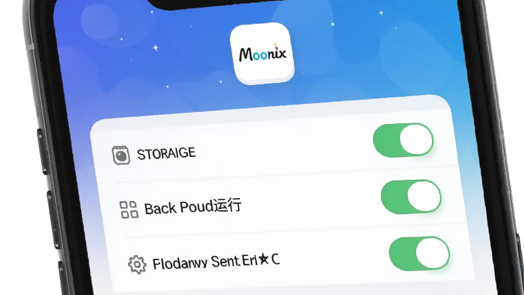 Moonix安装设置界面示意图,手机屏幕显示权限管理页面,有存储、后台运行等选项开关,界面简洁清晰,有Moonix的小图标在顶部,背景为纯色渐变,画质干净,无多余元素