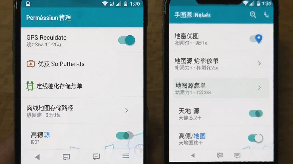 手抓地图设置界面截图,主体为手机屏幕显示权限管理与地图源选择列表,布局为纵向菜单,风格为安卓原生设置风格,细节包含GPS高精度开关、电池优化白名单、离线地图存储路径、高德/天地图源切换按钮,画质清晰无多余元素