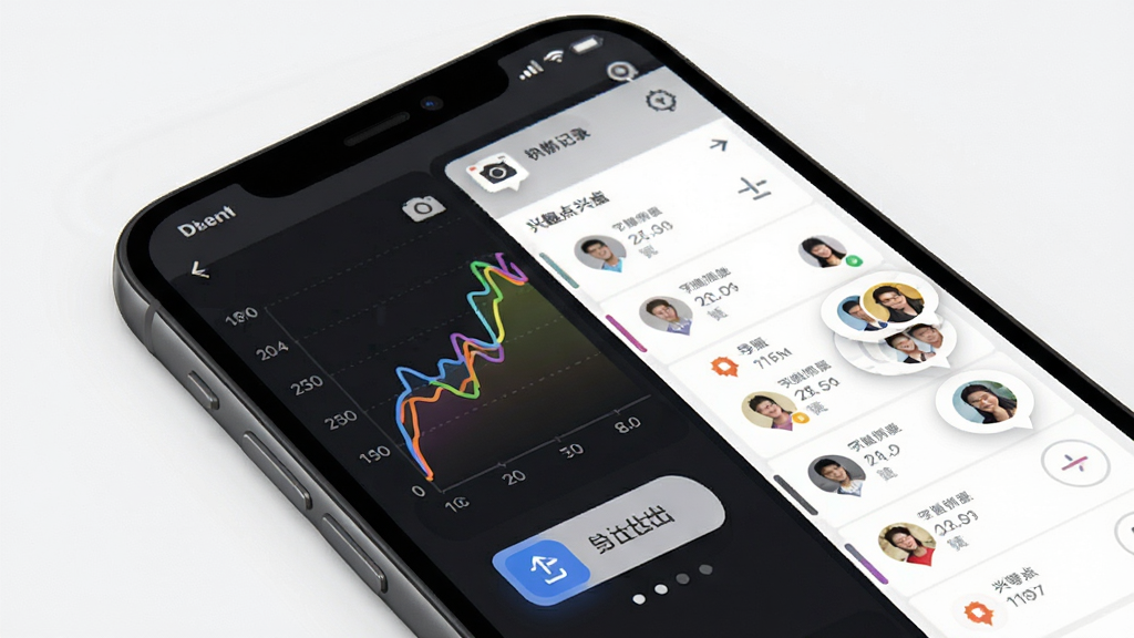 手抓地图功能展示图,主体为手机屏幕分屏显示轨迹记录曲线与兴趣点标记列表,布局左右分栏,风格为简洁数据可视化,细节包含彩色折线图、相机图标、导出按钮、团队头像气泡,画质干净无多余元素