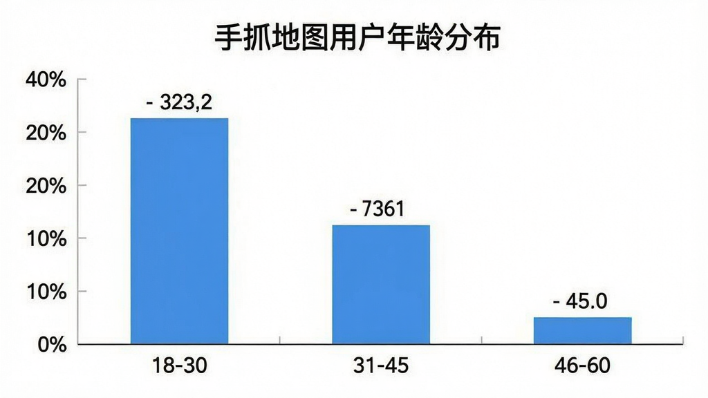 手抓地图用户年龄分布柱状图,主体为柱状图显示不同年龄段用户占比,布局为横向坐标轴标注年龄区间18-30、31-45、46-60,纵向坐标轴标注百分比,风格为简洁信息图表,细节包含蓝色柱子、数据标签、标题文字“手抓地图用户年龄分布”,画质干净无多余元素