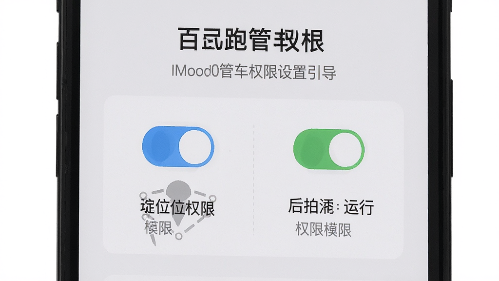 一张手机屏幕展示百跑管车权限设置引导页面,画面中有定位权限开关和后台运行权限开关的图示,界面简洁,背景浅灰色,文字提示清晰,风格扁平化,画质干净无多余元素