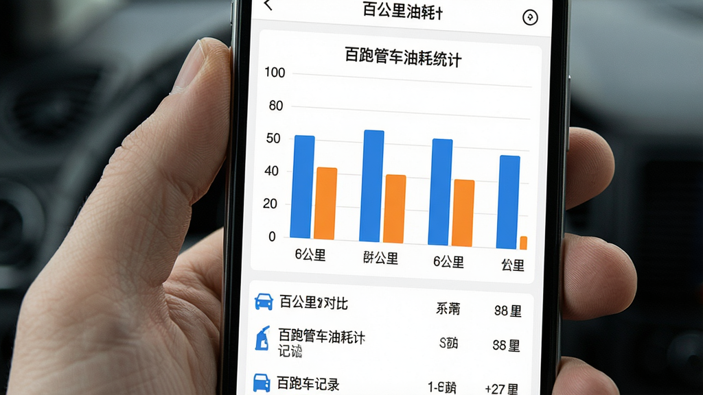 一张手机屏幕展示百跑管车油耗统计页面,画面主体是柱状图对比多台车辆的百公里油耗数据,柱状图颜色为蓝色和橙色,下方有加油记录列表,界面背景白色,文字清晰,风格简洁商务,画质干净无多余元素