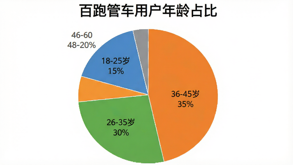 一张饼状图展示百跑管车用户年龄分布,18-25岁占15%,26-35岁占30%,36-45岁占35%,46-60岁占20%,饼图颜色分别为蓝、绿、橙、灰,图表标题为“百跑管车用户年龄占比”,背景白色,画质干净无多余元素