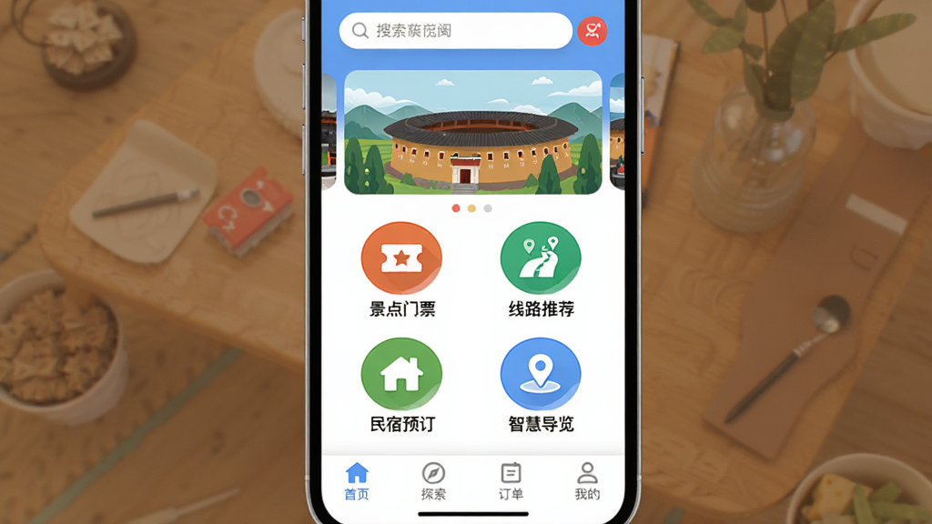 畅游八闽App首页界面展示,主体为手机屏幕,布局顶部是搜索栏和福建土楼插画轮播图,中间是“景点门票”“线路推荐”“民宿预订”“智慧导览”四个圆形图标,底部为首页、探索、订单、我的四个选项卡,排版清晰,风格清新扁平化,细节圆润,画质干净无多余元素