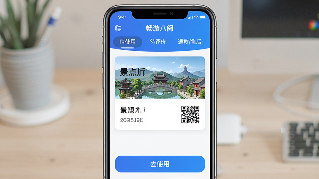 畅游八闽App订单与票务页面,主体为手机屏幕,布局上方是“待使用”“待评价”“退款/售后”选项卡,中间是订单卡片显示景点名称、日期和二维码图标,底部是“去使用”按钮,排版清晰,风格干净商务,细节规整,画质明亮无杂乱元素