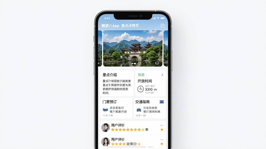 畅游八闽App景点详情页界面,主体为手机屏幕,布局上方是景点实拍大图轮播,中间是“景点介绍”“开放时间”“门票预订”“交通指南”四个信息模块,下方是用户评价列表,排版整齐,风格简洁现代,细节清晰,画质干净无多余元素