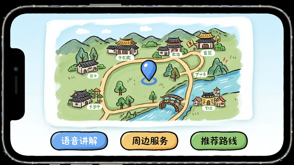 畅游八闽App智慧导览界面,主体为手机屏幕,布局中间是手绘景区地图,地图上有定位蓝点和景点标注,底部是“语音讲解”“周边服务”“推荐路线”三个按钮,排版直观,风格卡通手绘,细节清晰,画质干净无杂乱元素