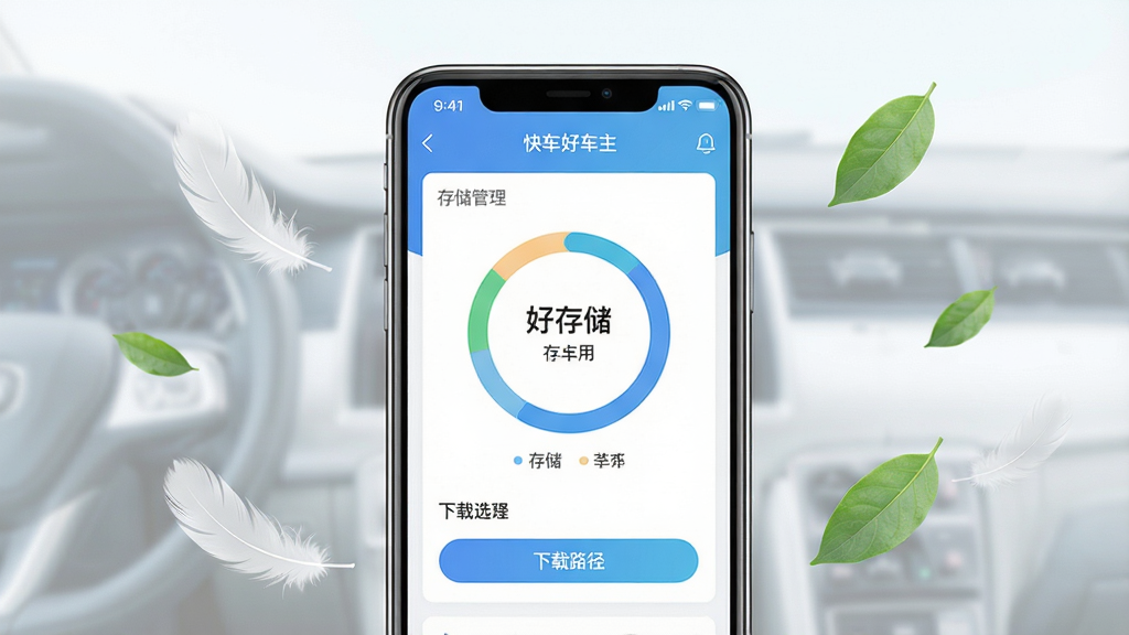 һ��չʾ�쳵�ó�������ʡ�����Ե�ͼƬ������������һ���ֻ����ֻ���Ļ��ʾ���쳵�ó�����APP�Ĵ洢�������棬�������������Ĵ洢ռ��Բ��ͼ������·��ѡ��ť���ֻ���ΧƯ������ë����Ҷ�������������־��У��Ű�Գƣ�������¼�Լ��ϸ����ͣ����ʸɾ��޶���Ԫ��