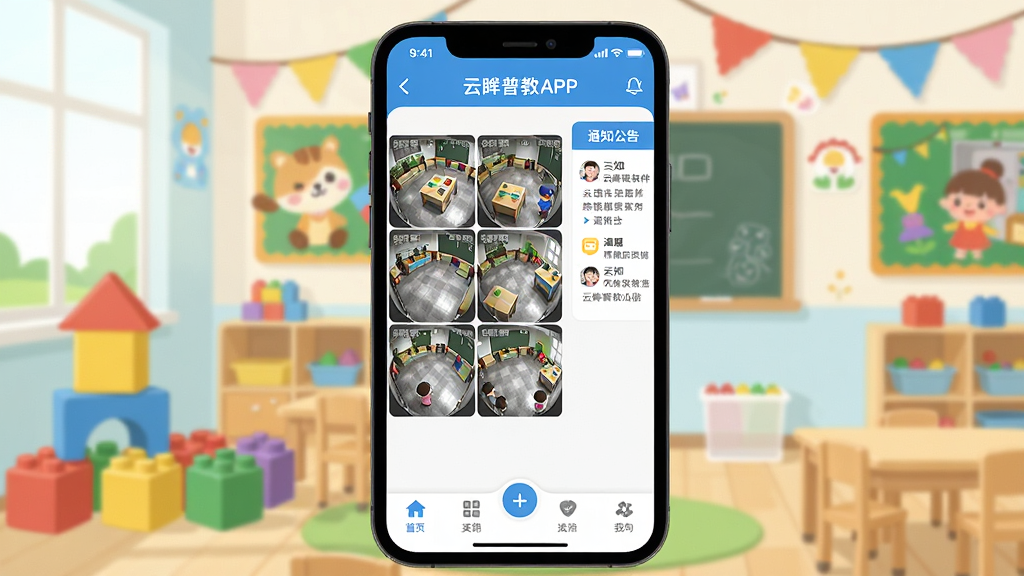 һ��չʾ�����ս���������ȫò�ĳ���ͼ�������������ֻ���Ļ��ʾ�����ս�APP��ҳ������У԰��ػ�������֪ͨ�������͵ײ����ܲ˵����������������׶�԰���һ������в�ɫ��ľ�Ϳ�ͨװ�Σ�������±�ƽ��ϸ��Բ�󣬻��ʸɾ��޶���Ԫ��