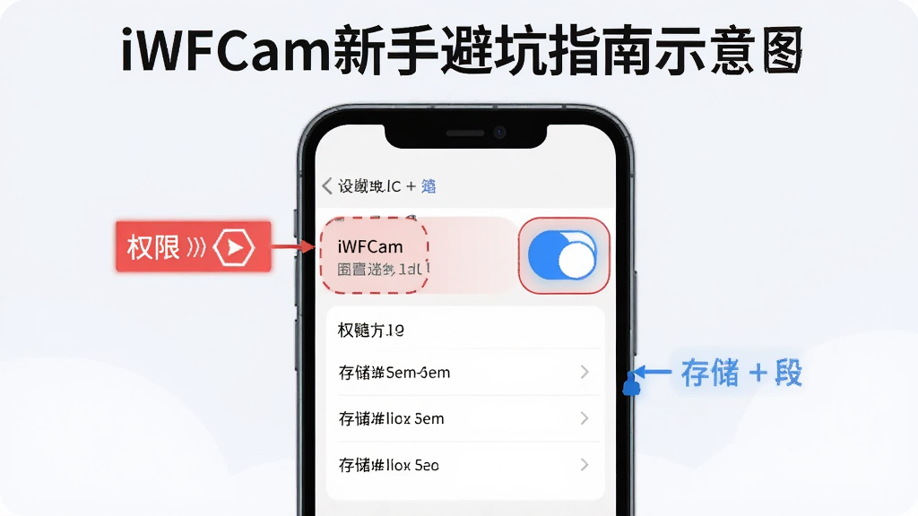 iWFCam���ֱܿ�ָ��ʾ��ͼ������Ϊ�ֻ���Ļ��ʾ���ý����е�Ȩ�޿��غʹ洢ѡ��������½ṹ���Ű����������̳����ͼ��ϸ�����ú�ɫ����ɫ��ע���ص����򣬱���Ϊǳɫ�����ʸɾ��޶���Ԫ�ء�