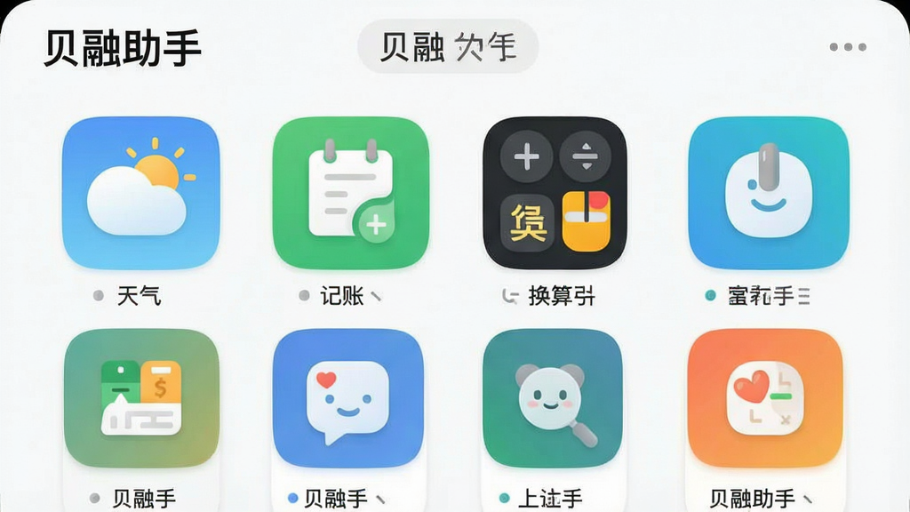一张展示贝融助手应用内工具聚合页面的手机截图,画面中贝融助手的图标整齐排列,包括天气、记账、换算器等小工具,背景干净,排版整洁,风格现代扁平,细节圆润,画质清晰,屏幕上方显示“贝融助手”文字