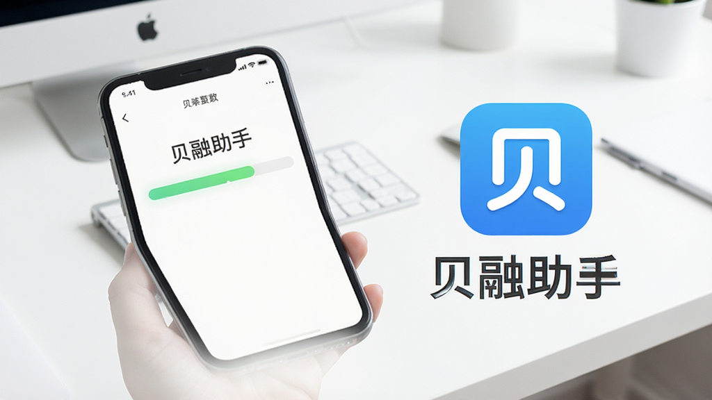 一张展示在手机上安装贝融助手过程的示意图,画面中手机屏幕显示安装进度条,旁边有贝融助手的图标和“贝融助手”文字,背景是简洁的桌面,风格干净清晰,画质明亮无多余元素