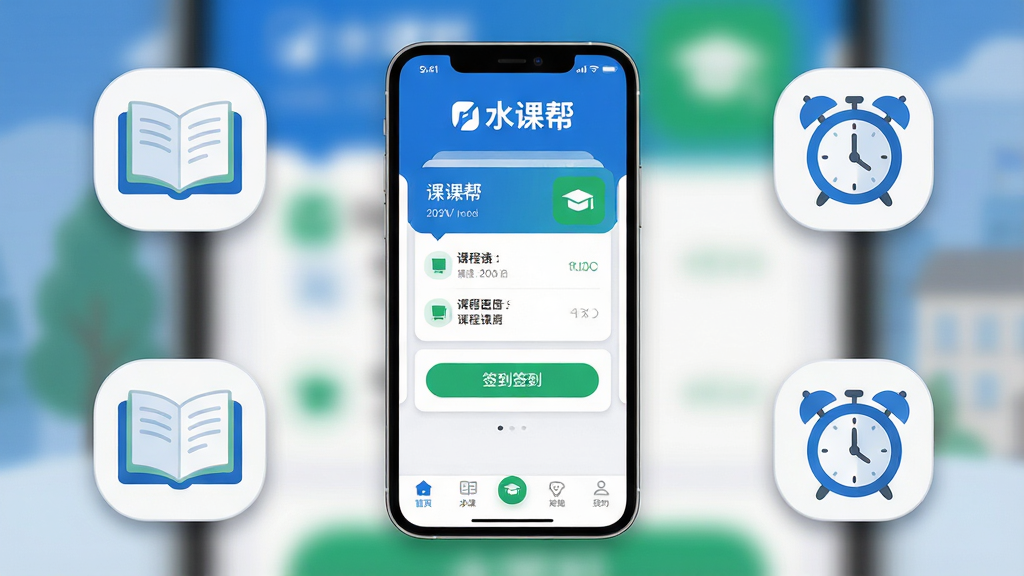 һ��չʾ��ˮ�ΰ�ֻ�Ӧ�����������ͼ��������һ���ִ������ֻ�����Ļ��ʾ��ˮ�ΰAPP���棬�����С�ˮ�ΰ����logo���м��ǿγ̱���Ƭ��ǩ����ť���ײ����������������ֲ��þ��й�ͼ���ֻ���Χ�����ż���У԰Ԫ��ͼ�����鱾�����ӡ��Ű���Ӧ�ý���ռ�������壬�����黯�����Ϊ�ִ���ƽ����ƣ�ɫ��������Ϊ������׺��ɫ��ϸ�ڰ���Բ���ͼ�ꡢ���������ֱ�ǩ���ɾ�����Ӱ�����ʸ��壬�ɾ����޶���Ԫ�ء�