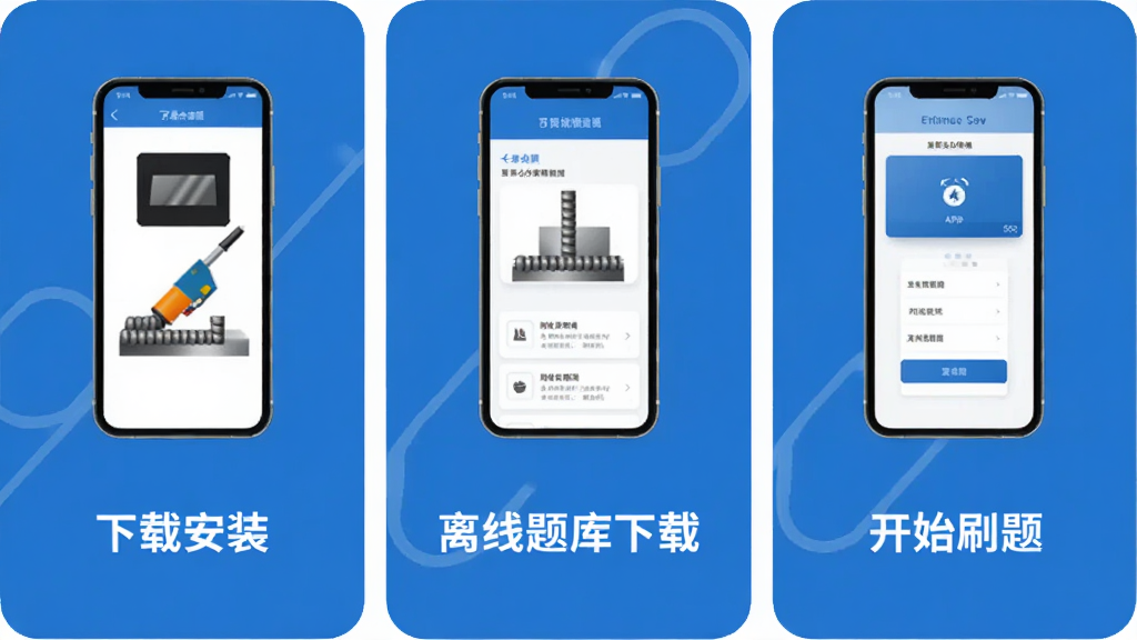 熔化焊接与热切割APP新手操作流程图,画面分为三步,第一步下载安装,第二步离线题库下载,第三步开始刷题,每一步配有手机界面图标和文字说明,风格简洁明了,蓝白配色,干净无多余元素
