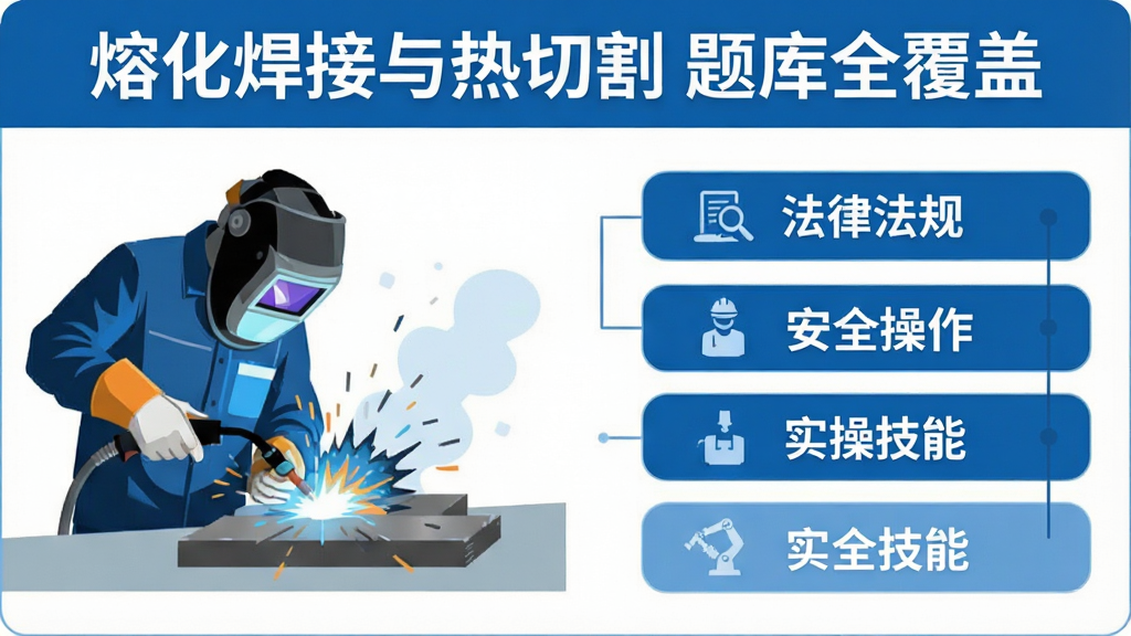 一张信息图展示熔化焊接与热切割APP的题库分类,标题“熔化焊接与热切割 题库全覆盖”,画面左侧是焊接工人操作场景,右侧列出“法律法规”“安全操作”“实操技能”等分类标签,风格扁平化,蓝白配色,干净整洁
