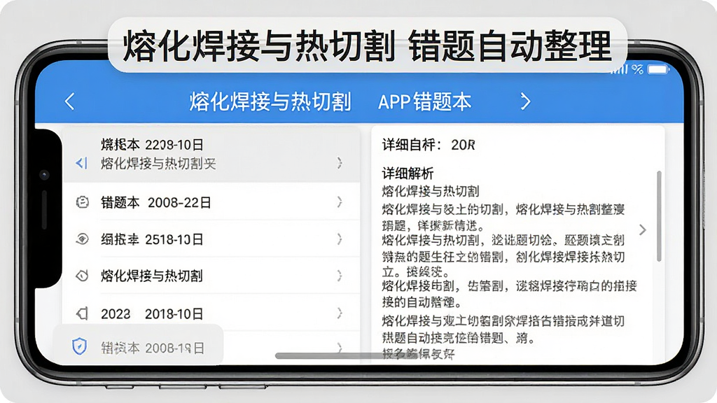熔化焊接与热切割APP错题本界面截图,屏幕显示错题列表和详细解析,顶部标注“熔化焊接与热切割 错题自动整理”,背景是手机屏幕边框,风格写实,画质清晰
