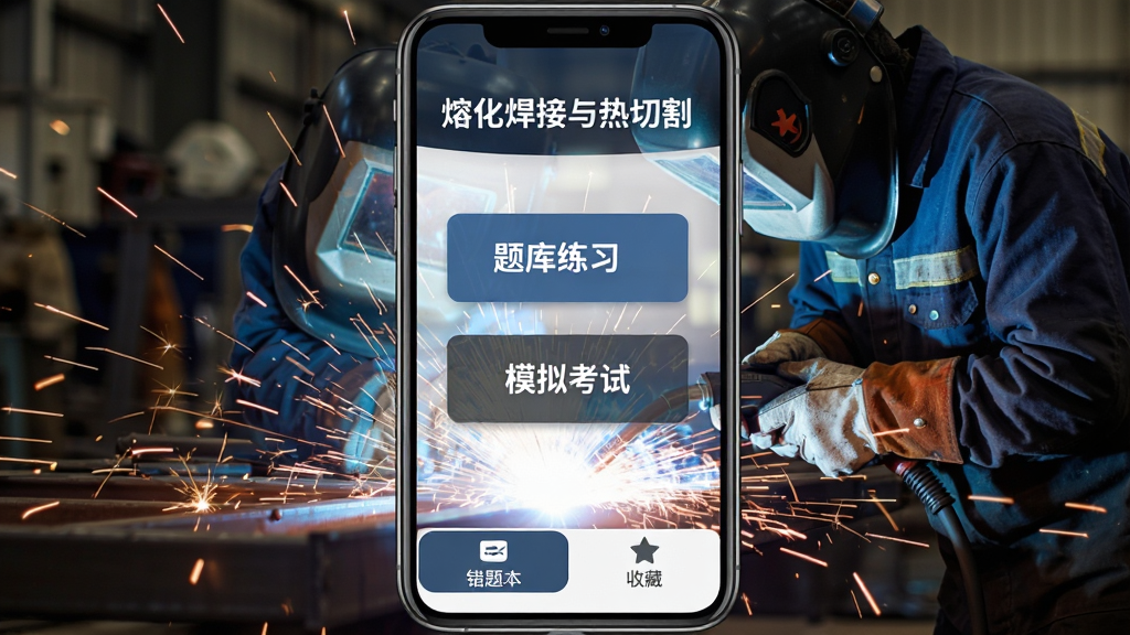 手机屏幕显示熔化焊接与热切割APP主界面,顶部标题“熔化焊接与热切割”,中间是题库练习和模拟考试两个大按钮,底部有错题本和收藏夹选项卡,背景是工人焊接的火花场景,风格简洁工业风,画质清晰干净无多余元素
