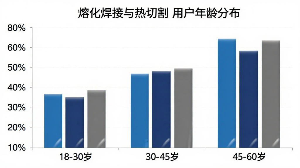 熔化焊接与热切割APP用户年龄分布柱状图,横轴为年龄段“18-30岁”“30-45岁”“45-60岁”,纵轴为占比百分比,柱状颜色分别为蓝色、深蓝色、灰色,图表标题“熔化焊接与热切割 用户年龄分布”,风格简洁数据可视化,干净无多余元素