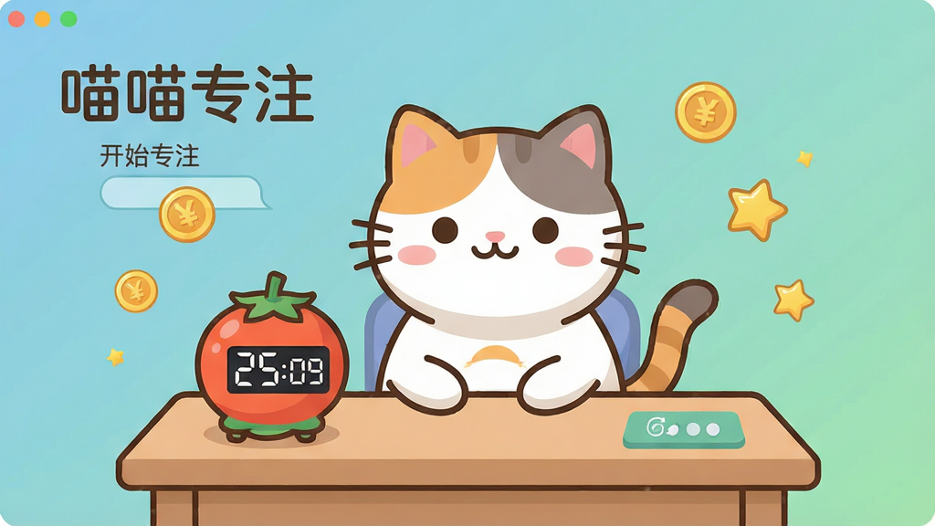 喵喵专注软件主界面全貌展示,画面中央是一只可爱的卡通猫咪坐在书桌前,桌上有一个正在倒计时的番茄钟显示25分钟,背景是柔和的蓝绿色渐变,周围漂浮着金币和星星图标,整体布局简洁清晰,风格为扁平化卡通插画,细节圆润可爱,文字标注有“喵喵专注”和“开始专注”,画质高清干净,无多余元素