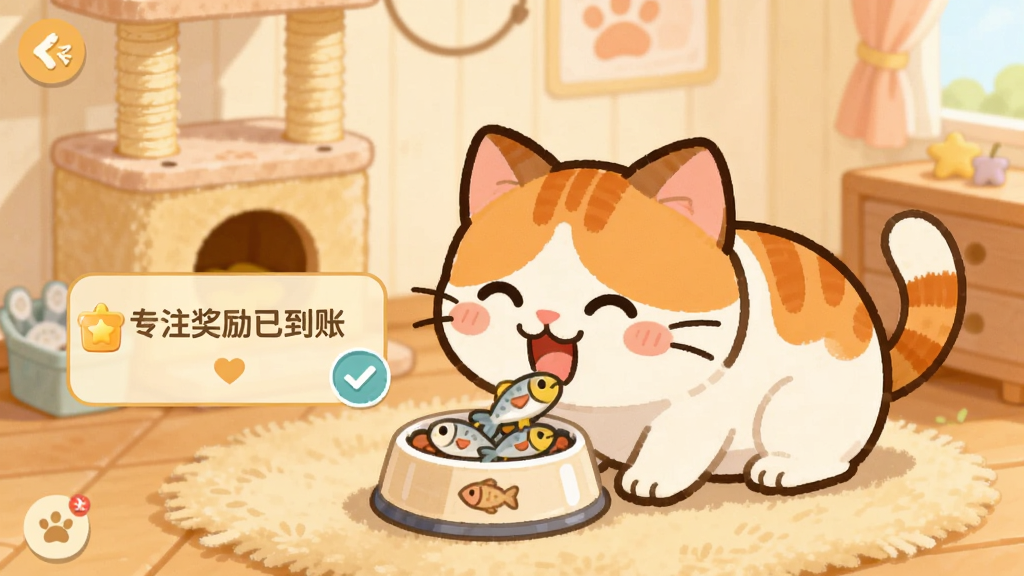 喵喵专注宠物养成界面,一只橘白相间的卡通猫咪正开心地吃着碗里的小鱼干,旁边显示“专注奖励已到账”的提示框,背景是温馨的宠物小屋,有猫爬架和地毯,画面色彩温暖明亮,风格为扁平插画,细节丰富,画质清晰干净