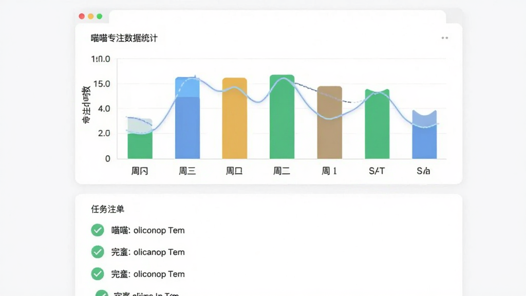 喵喵专注数据统计界面,屏幕上显示一周的柱状图,横轴是星期一到星期日,纵轴是专注小时数,柱子高低起伏,下方有任务清单列表,已完成的项目打着勾,背景为白色卡片式布局,风格为现代扁平,画质干净清晰