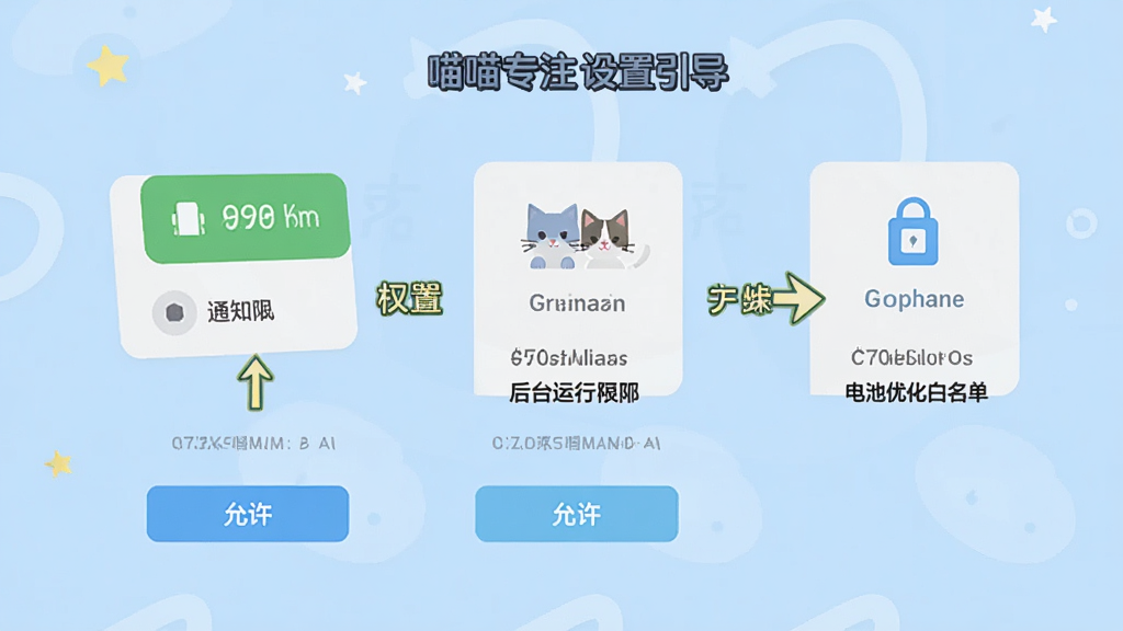 喵喵专注新手设置引导界面,手机屏幕上显示权限开启的步骤图示,包括通知权限、后台运行权限和电池优化白名单,画面中有箭头指引和“允许”按钮,背景为浅蓝色,风格为扁平化教程插画,文字标注“喵喵专注设置引导”,画质清晰干净