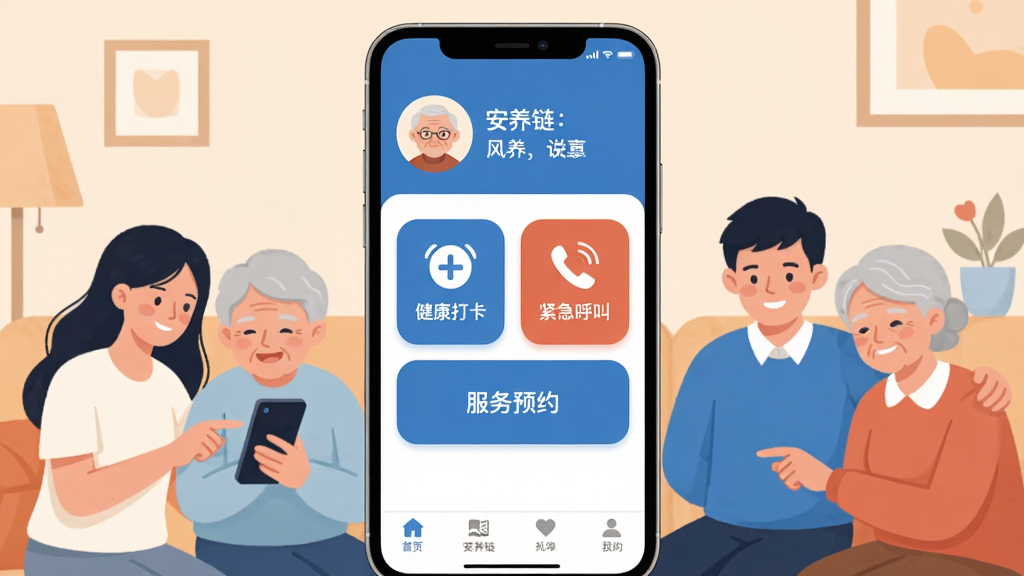 �������ֻ�Ӧ�������棬�����������ֻ���Ļ��ʾ�Ű�����APP��ҳ����ҳ����������ͷ����ʺ���м��ǽ����򿨡��������С�����ԤԼ������ͼ�갴ť���ײ������������ɼ�����Χ��������ܰ�ļ�ͥԪ���������˺�����һ���ֻ��Ļ��棬����ɫ����ů�������ɫ�Ͱ�ɫΪ������ƽ����Ʒ�񣬻��ʸɾ��������޶�������Ԫ��