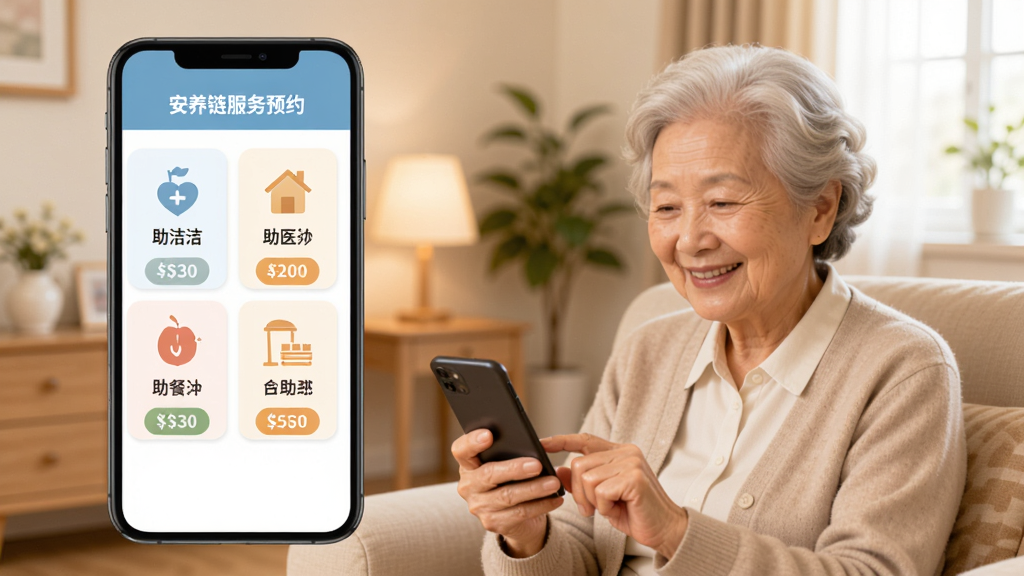 ����������ԤԼҳ�棬�ֻ���Ļչʾ�����ࡢ��ҽ�����͵ȷ���Ƭ��ÿ����Ƭ����ͼ��ͼ۸��ǩ����������ܰ�ļ�ͥ������һλ������΢Ц�ſ��ֻ�������ɫ�������������ƽ����Ʒ�񣬻��������ɾ��޶���Ԫ��