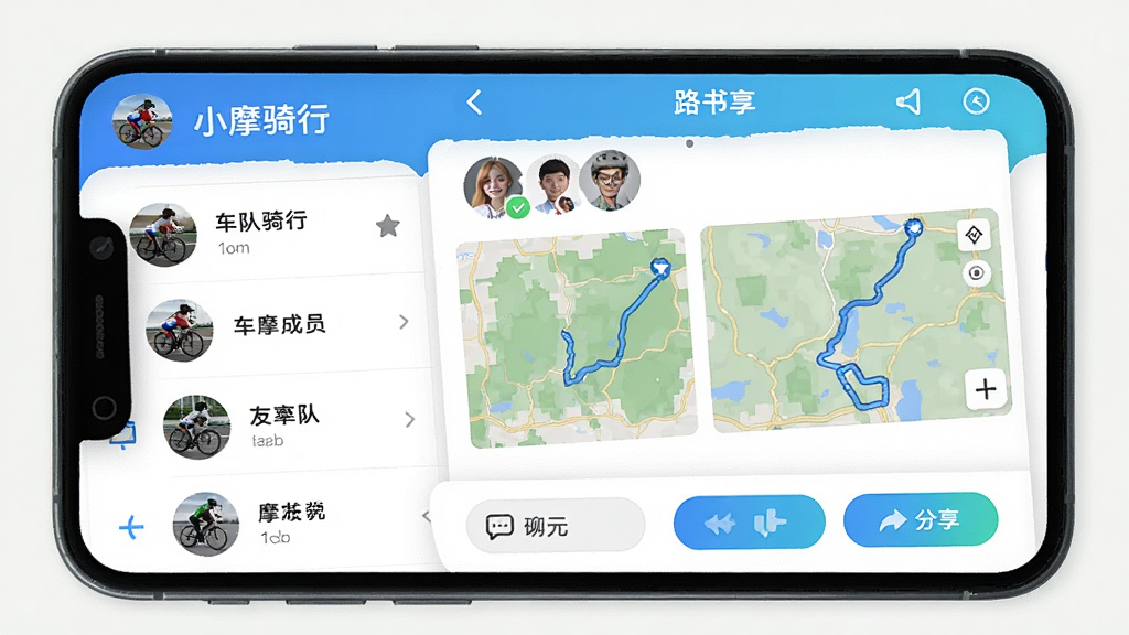 СĦ����App��������չʾ���ֻ���Ļ����ʾĦ����ӹ��ܺ�·�����ҳ�棬�г����б���·�ߵ�ͼ����ͼ������Ϊ�����������ƣ��м��ǳ�Աͷ���·��Ԥ�����ײ�������ͷ�����ť������罻����ƣ�ϸ�����������ʸɾ����޶���Ԫ��