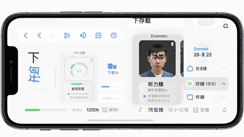英准学离线下载功能示意图,主体为手机屏幕,布局展示下载管理界面与已完成的听力资源包,排版整齐,风格科技感与简洁并存,细节显示下载进度条和存储路径选择,画质干净无多余元素