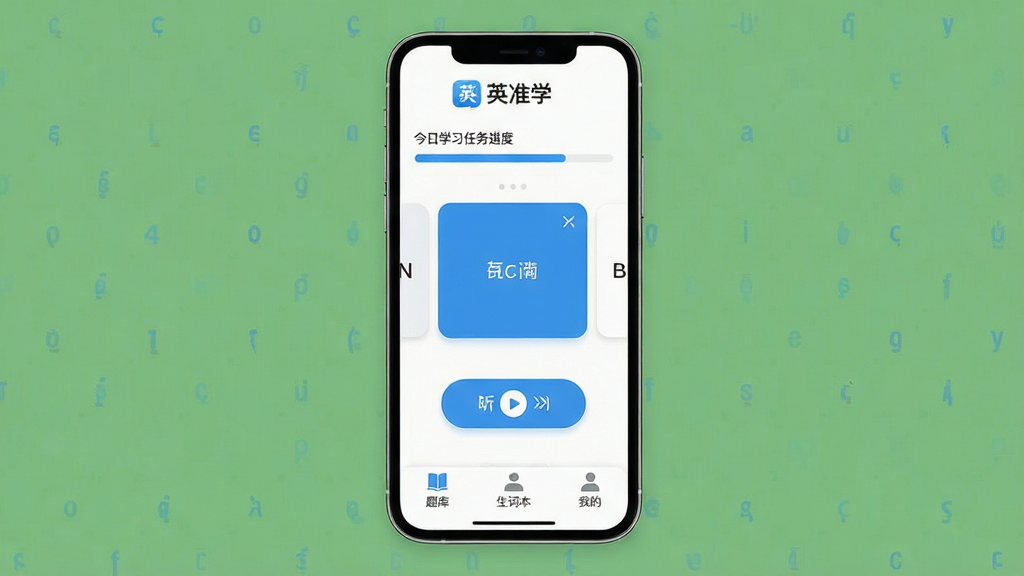 英准学软件主界面全景图,主体为手机屏幕展示,布局清晰,顶部显示“英准学”Logo与今日学习任务进度条,中间为单词卡片滑动区与听力播放按钮,底部为题库、生词本、我的三个选项卡,排版简洁,风格现代扁平,配色以清新蓝白为主,细节圆润,画质干净无多余元素
